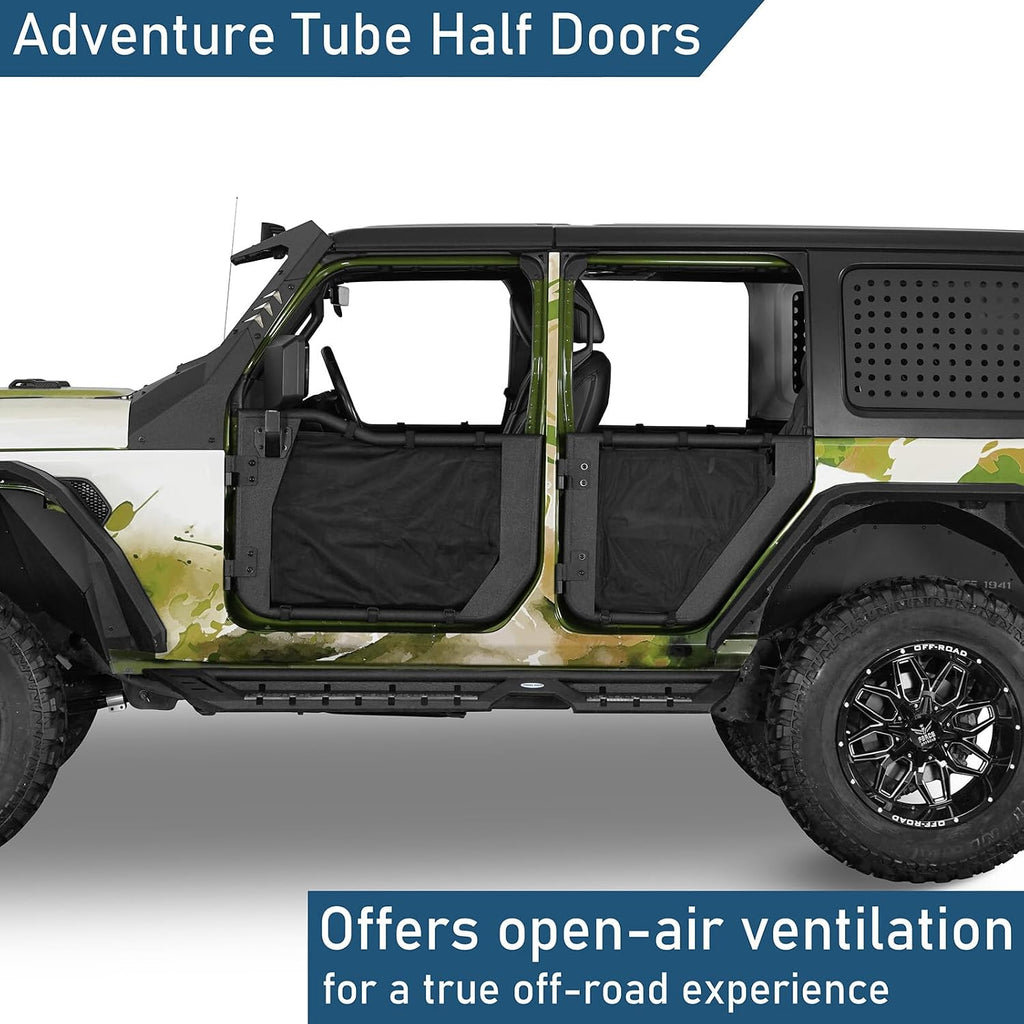 Hooke Road Tube Half Doors for 2018-2026 Jeep Wrangler JL 4-Door & Gladiator JT, with Privacy Mesh, Summer Open-Air Trail Doors, Reduced Dust & Added Cabin Privacy - 4PCS