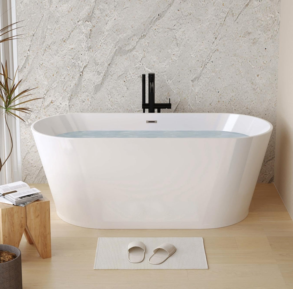 59' Acrylic Freestanding Bathtub, Stand Alone Soaking Tub, Glossy White Acrylic, Toe-tap Chrome Drain, cUPC Certified