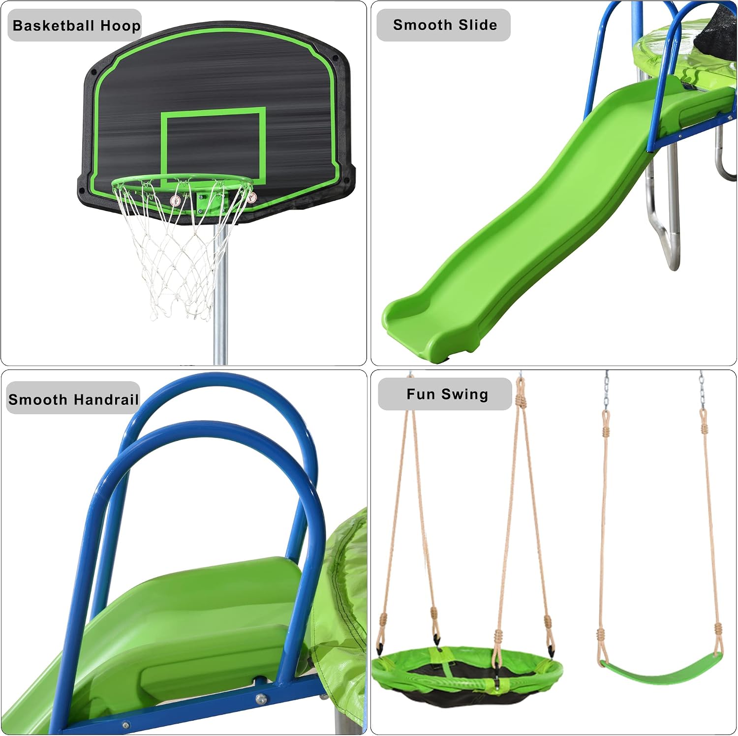 12ft Trampoline Combination with Swing and Slide, Safety Net and Basketball Hoop, Outdoor for Kids and Adults Green
