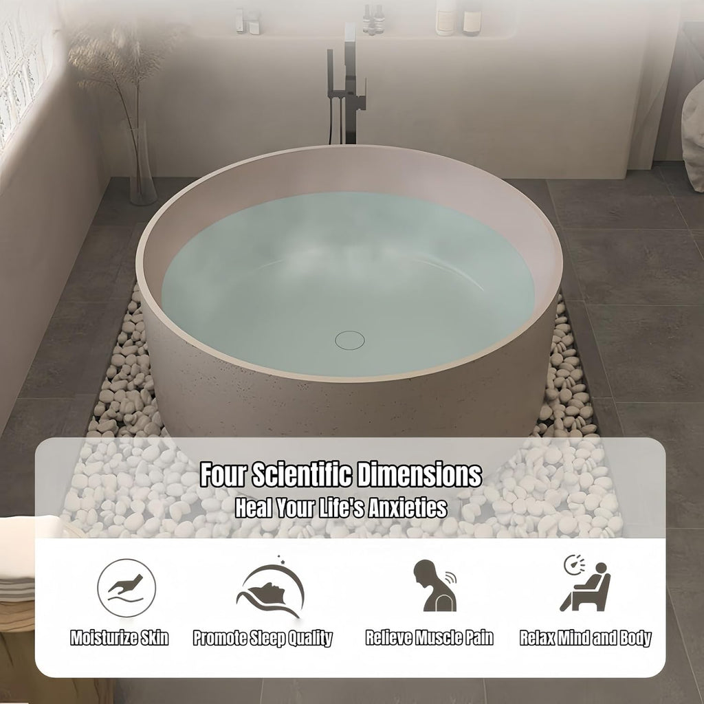 Freestanding Bathtub Round Soaking Tub, Solid Surface Bathtub Stand Alone Design, Extra Deep Ergonomic Soaker with Heat Retention for Luxury Bathrooms (51',Beige)