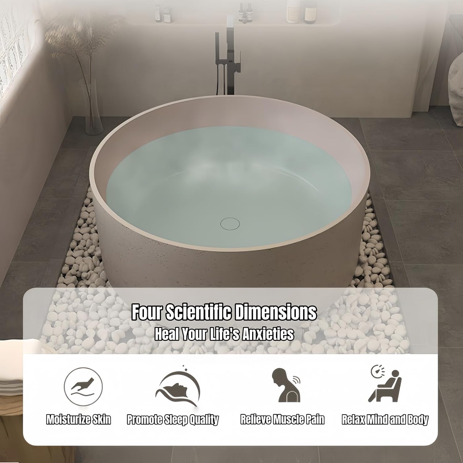 Freestanding Bathtub Round Soaking Tub, Solid Surface Bathtub Stand Alone Design, Extra Deep Ergonomic Soaker with Heat Retention for Luxury Bathrooms (51',Beige)