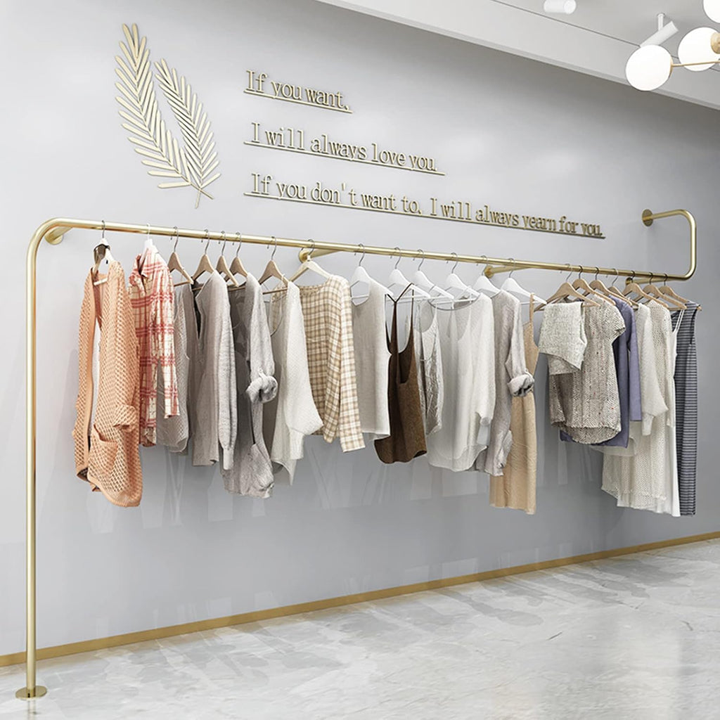 Gold Metal Garment Bracket Frame Wall Mounted Retail Clothing Rack, Heavy Duty Multi-Purpose Hanging Rod for Closet Storage - Modern Simple Commercial Clothes Racks