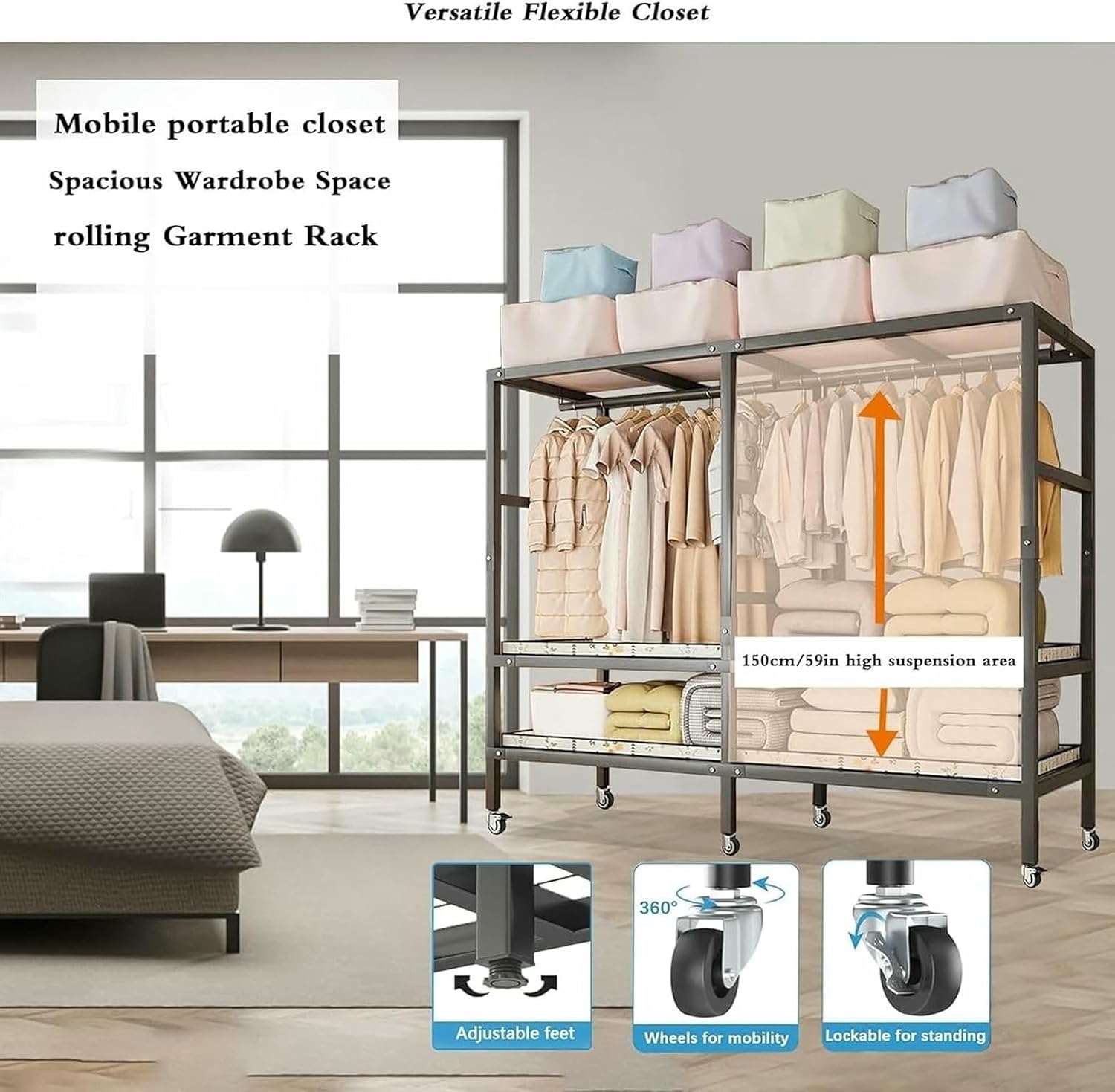Large Foldable Clothing Rack With Cover Heavy Duty Metal Clothes Racks On Wheels Loads 2000LBS Covered Wardrobe Closet For Hanging Clothes