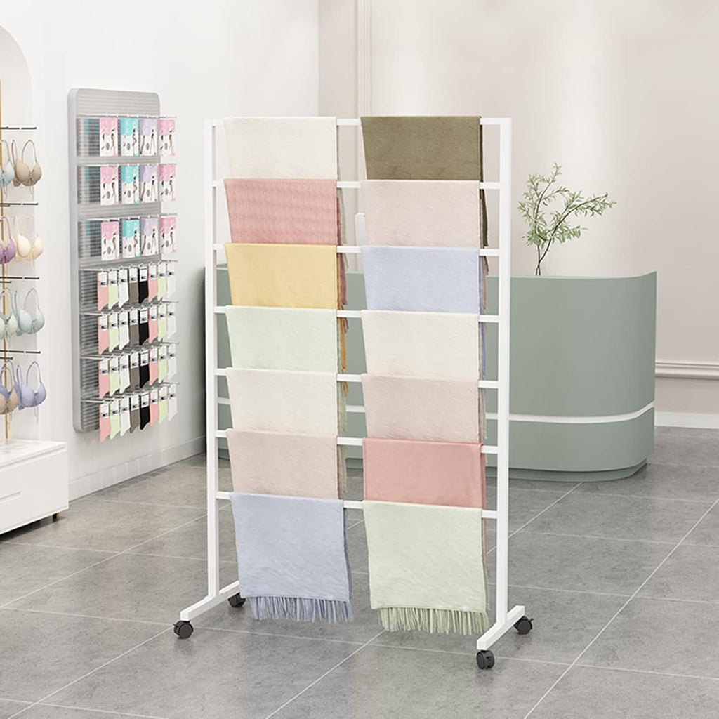 Display Stand Rolling Towel Drying Rack Freestanding Outdoor Thin Scarf Display Holder with Wheels, Metal Heavy Duty Shawls Organizer Shelf (White-100x40x145cm