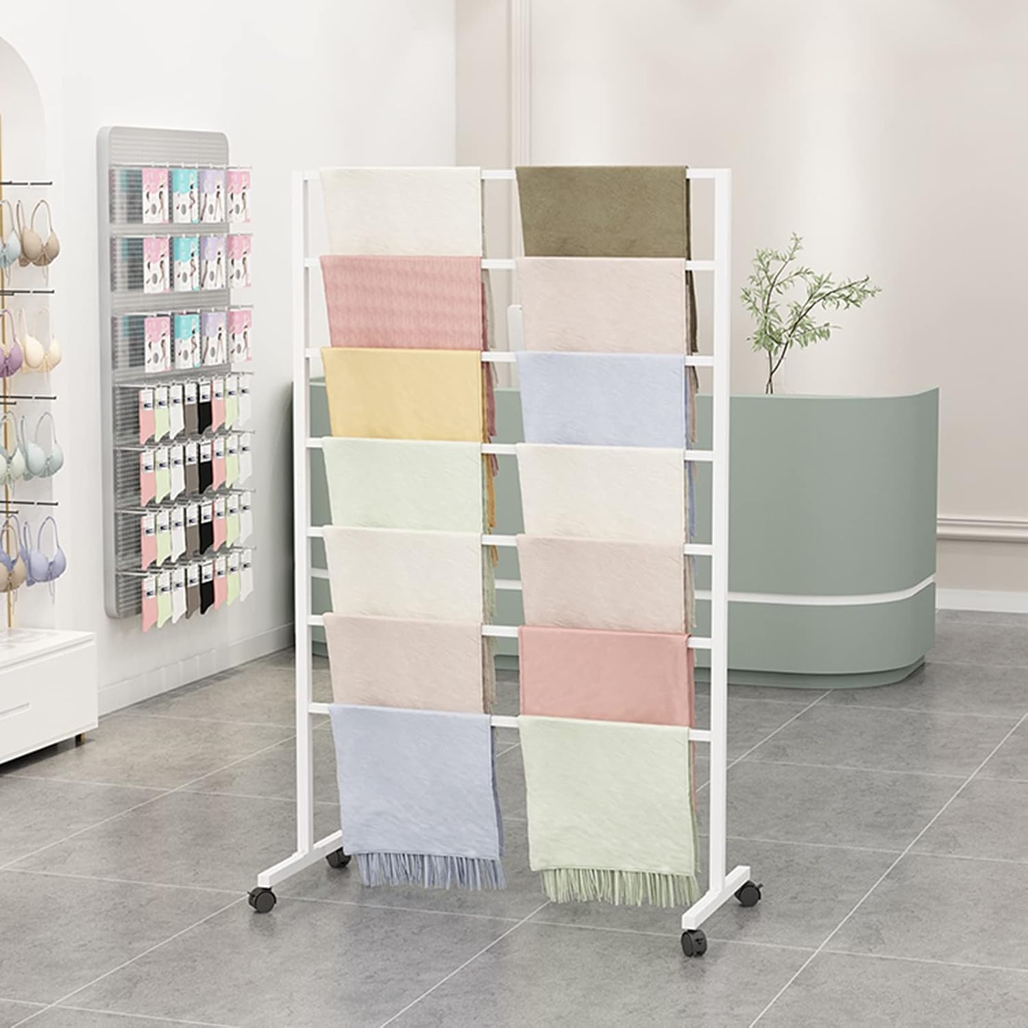 Display Stand Rolling Towel Drying Rack Freestanding Outdoor Thin Scarf Display Holder with Wheels, Metal Heavy Duty Shawls Organizer Shelf (White-100x40x145cm