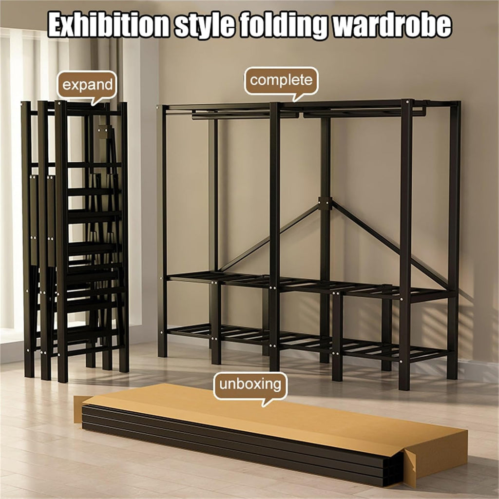 Folding Fabric Wardrobe With Metal Frame, Portable Wardrobes Closet Rack 1100lbs Heavy-Duty Foldable Garment Rack,For Bedroom, Dorm, Apartment, Space Saving Wardrobe(100CM)