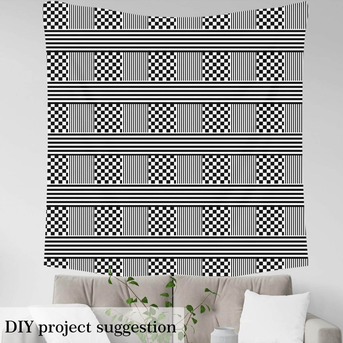 Black Plaid Stripes Fabric by The Yard,Checkered Lines Flannel Polyester Fabric for DIY Projects,Modern Simple Style Waterproof Outdoor Fabrics,Black 10 Yards,360' L x 59' W