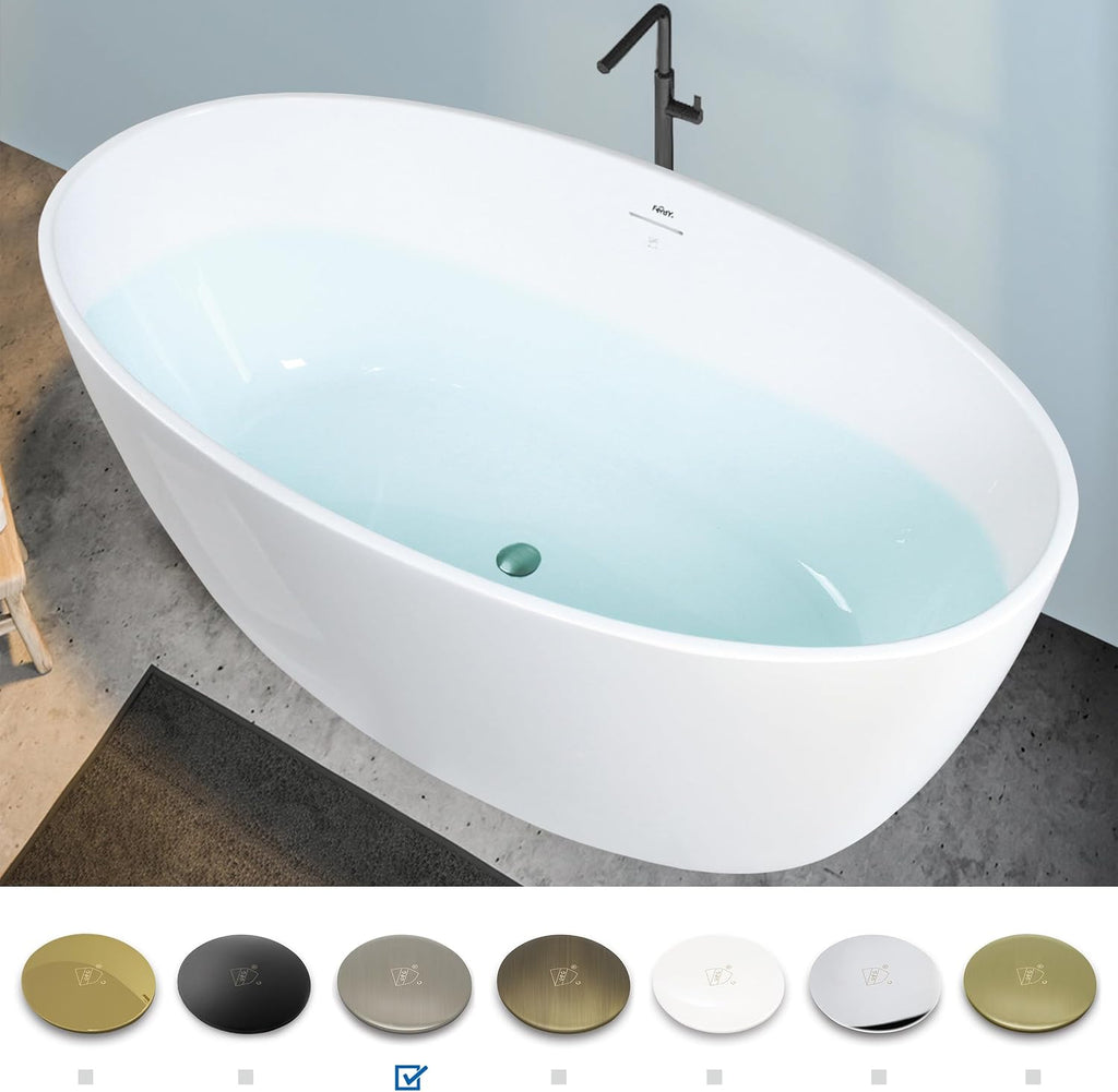 FerdY Tahiti 59' Acrylic Freestanding Bathtub, Elegant Oval Shape Bathtub, Glossy White, Brushed Nickel Drain & Integrated Slotted Overflow Assembly Included cUPC Certified, 02119