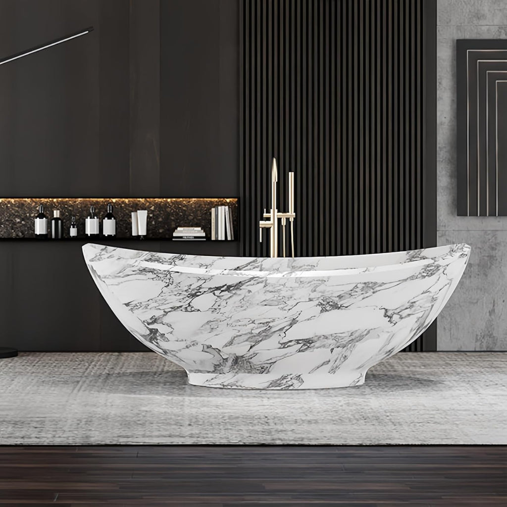 67' Edeyeu Freestanding Bathtub – Solid Surface Bathtub With Marble Texture, Extra Deep Soaking Tub, Luxury Stand Alone Tub For Modern Bathroom Ergonomic Design White