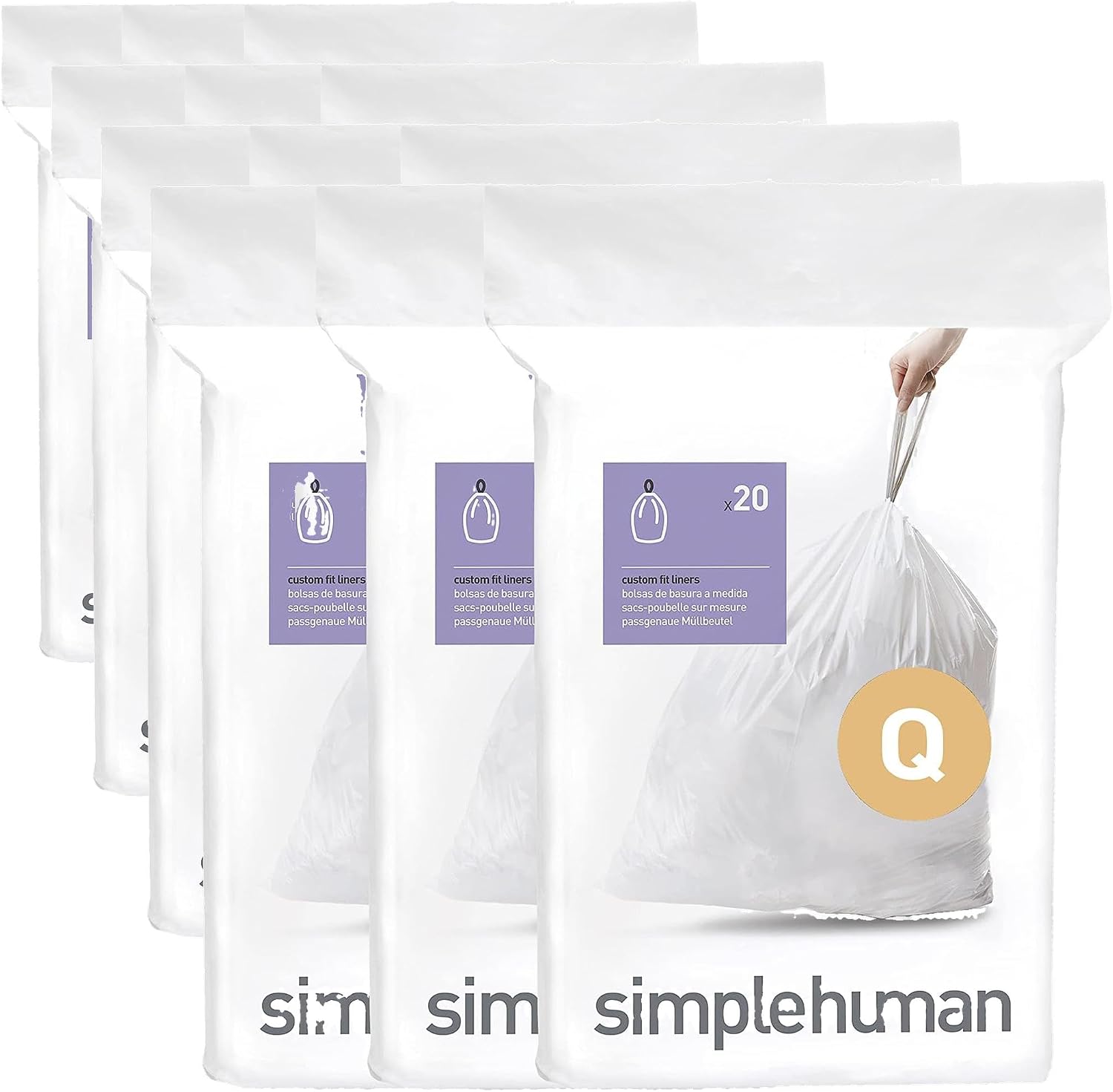 simplehuman Code Q, Custom Fit Liners,Drawstring Kitchen Trash Bags, One-by-One Mess-Free Dispense,Extra Thick & Double Seamed,50% PCR Plastic, 50-65 Liter/13-17 Gallon, White, 60 Count (Pack of 4)