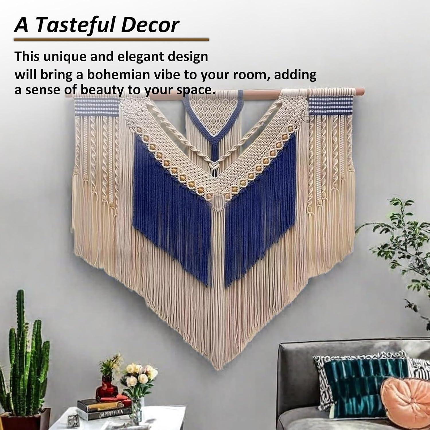 Macrame Wall Hanging Blue Tapestry Wall Hanging, Large Woven Wall Tapestry Macrame Wall Decor, for Dining Room Doorways Hallway