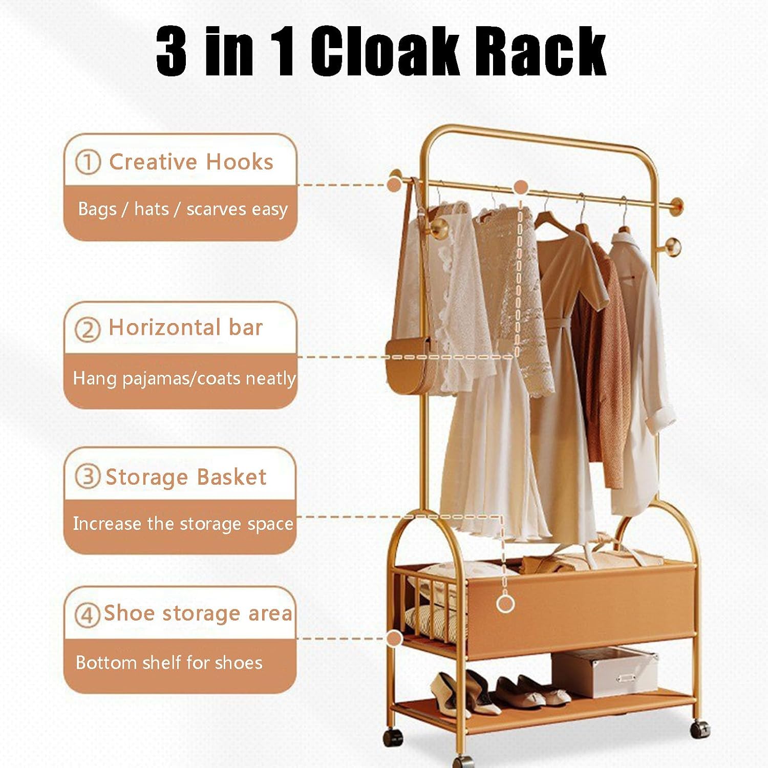 3-in-1 Metal Clothes Rack, 173cm Heavy Duty Glod Rolling Garment Rack with PU leather Basket Clothes Racks for Hanging Clothes Clothes Storage and Display