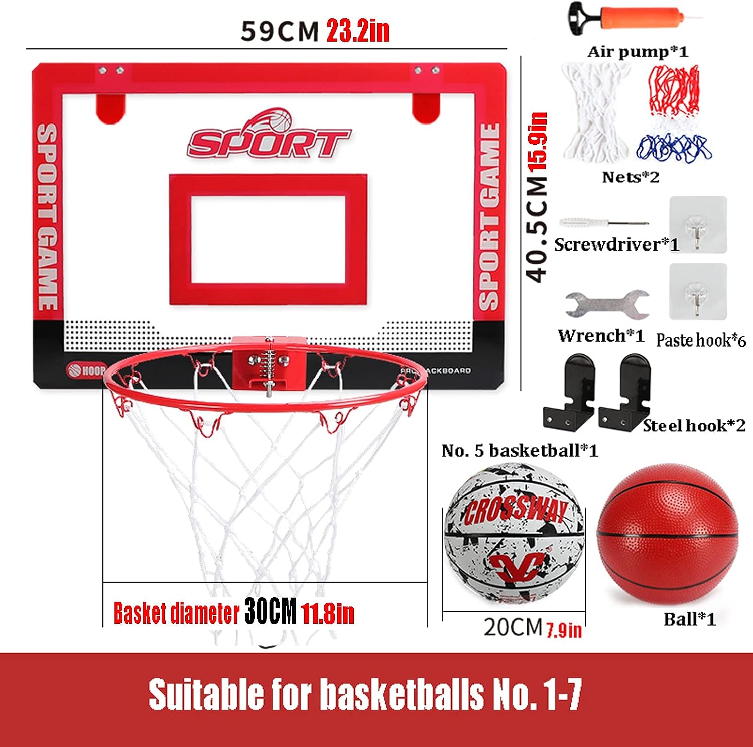 Mini Basketball Hoop Kit, Home Office Kindergarten Door Wall-Mounted Basketball Hoop, with 2 Balls and Complete Basketball Accessories (Size : 23.2x15.9in)