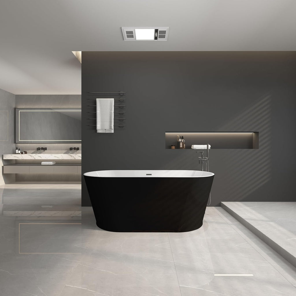 59' Acrylic Freestanding Bathtub-Acrylic Soaking Tubs, Black Bathtub, Oval Shape Black Freestanding Bathtub with Chrome Overflow and Pop Up Drain