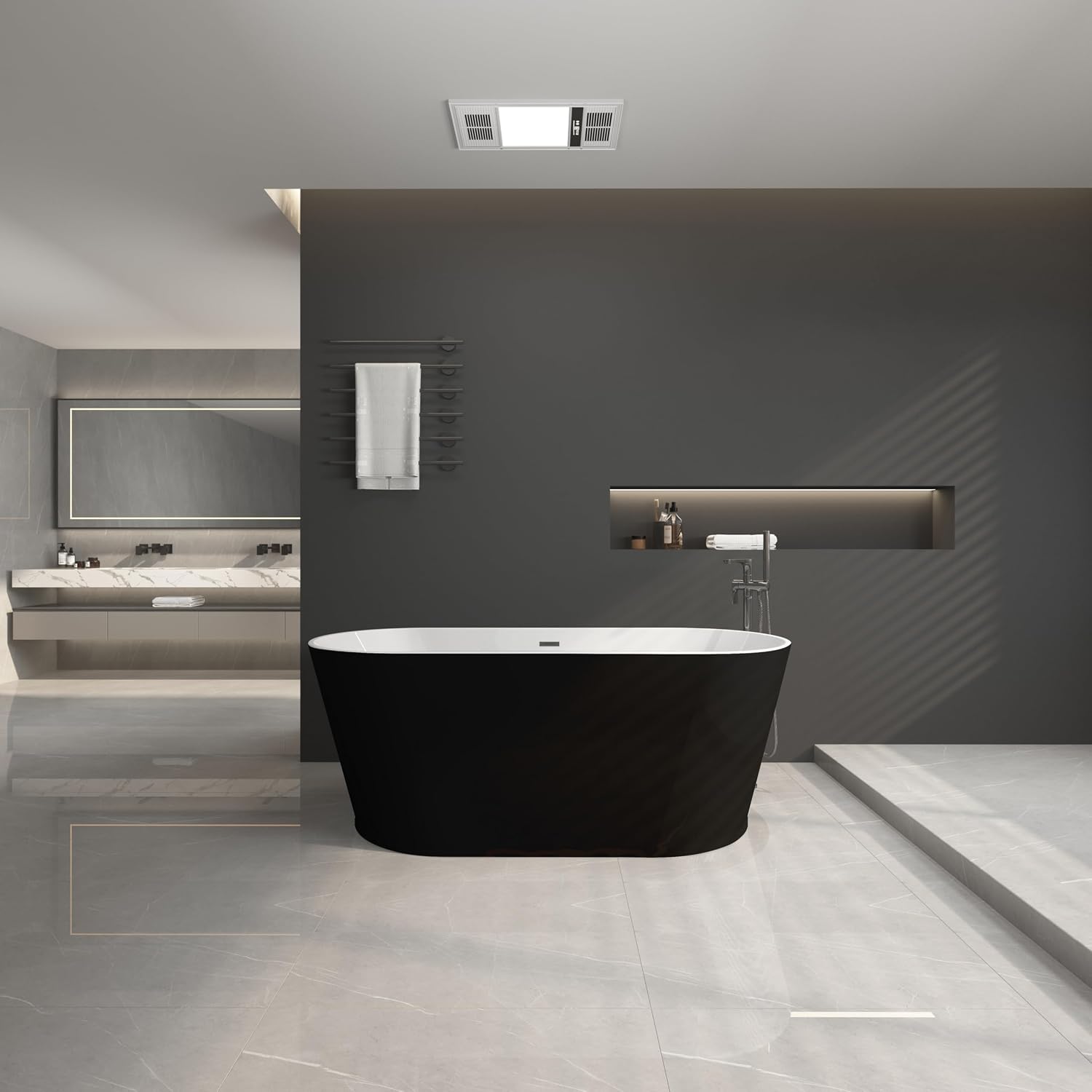 59' Acrylic Freestanding Bathtub-Acrylic Soaking Tubs, Black Bathtub, Oval Shape Black Freestanding Bathtub with Chrome Overflow and Pop Up Drain