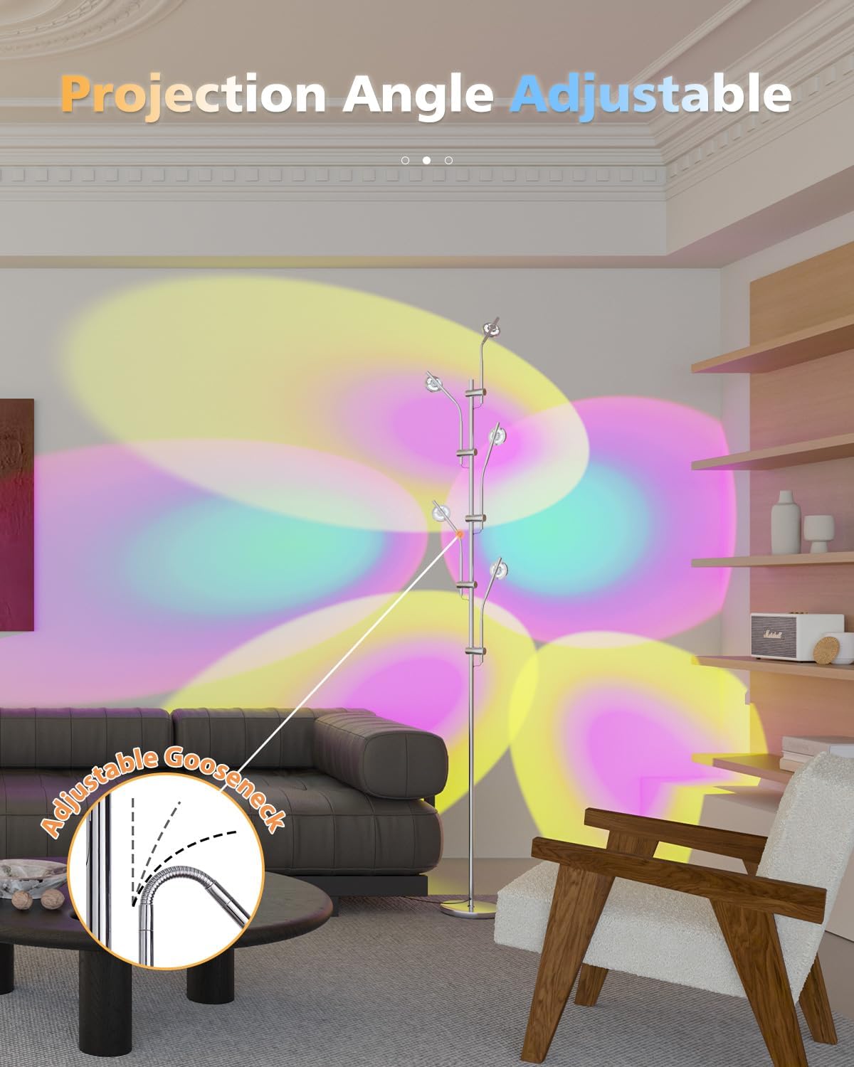 DENGALA Halo Projector Floor Lamp - 4000K LED Multi Head Floor Lamp with RGB Filters - Sunset Projection Ambient Lighting - Mood Corner Lamp for Bedroom,Living Room - Chrome