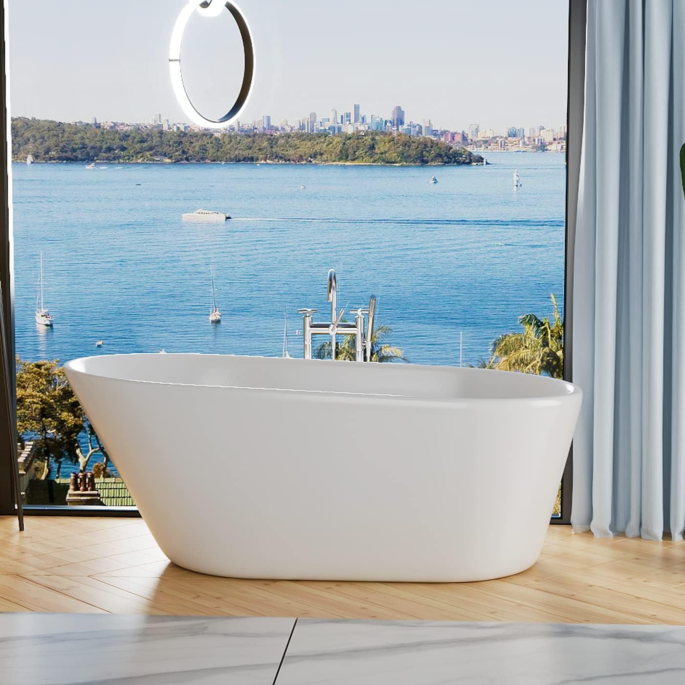 61' Acrylic Freestanding Bathtub, Single Slipper Free Standing Tub, Soaking Tub with Integrated Slotted Overflow, Toe-Tap Chrome Drain, cUPC Certified, Glossy White