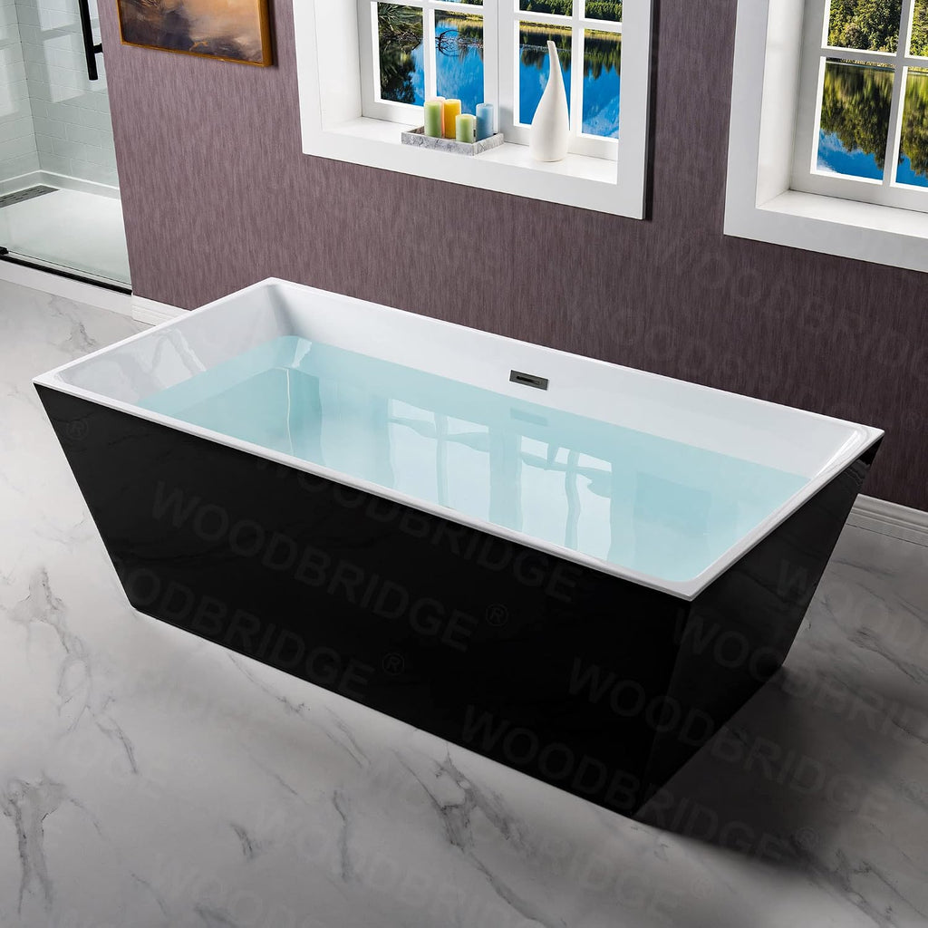 WOODBRIDGE 67' Acrylic Freestanding Bathtub Contemporary Soaking Black Tub with Matte Black Overflow and Drain，BTA1812-MB