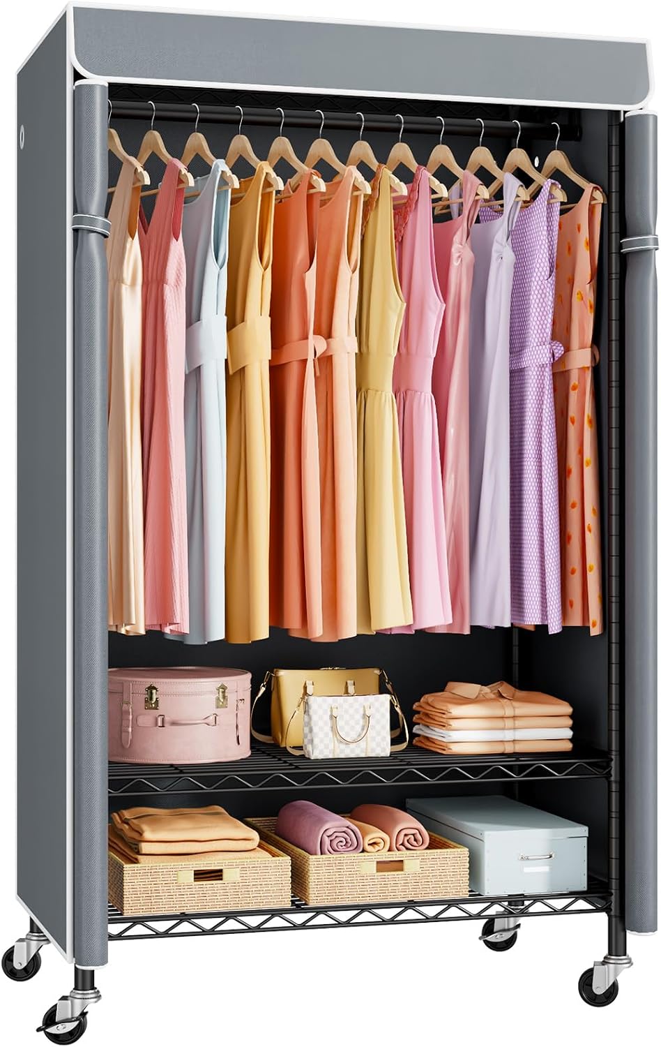 ULIFHOME P6C Rolling Clothes Rack with Cover, Covered Clothing Racks Heavy Duty, Portable Closet for Hanging Clothes, Garment Racks on Wheels, Black Closet Rack with Gray Cover, Max Load 365LBS