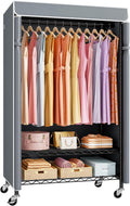 ULIFHOME P6C Rolling Clothes Rack with Cover, Covered Clothing Racks Heavy Duty, Portable Closet for Hanging Clothes, Garment Racks on Wheels, Black Closet Rack with Gray Cover, Max Load 365LBS