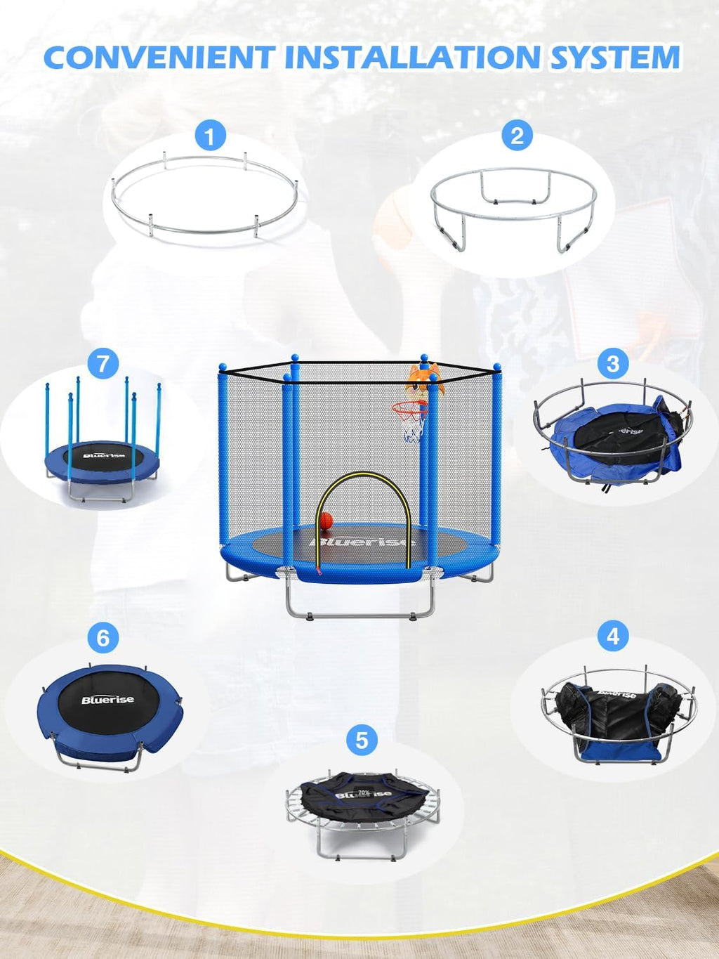 BLUERISE 60' Trampoline for Kids 5FT Toddler Trampolines Indoor/Outdoor with Adjustable Gymnastics Bar & Safety Net, No-Gap Design, Anti-Rollover Bottom, Basketball Hoop, Gifts for Boys & Girls