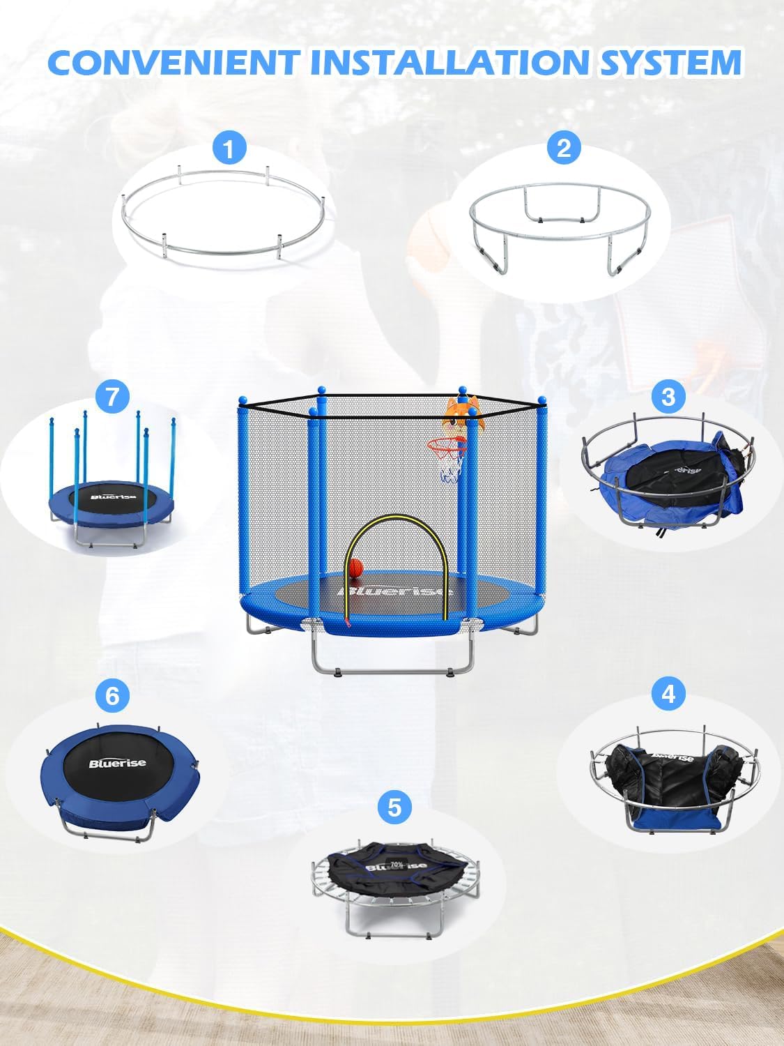 BLUERISE 60' Trampoline for Kids 5FT Toddler Trampolines Indoor/Outdoor with Adjustable Gymnastics Bar & Safety Net, No-Gap Design, Anti-Rollover Bottom, Basketball Hoop, Gifts for Boys & Girls