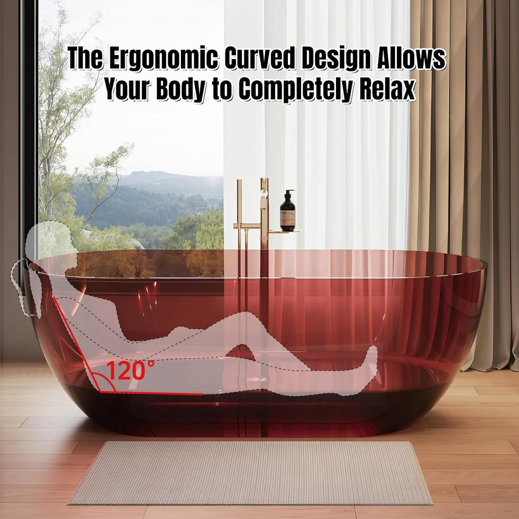 59' Edeyeu Freestanding Bathtub - Extra Deep Soaking Tub With Ergonomic Design, Luxury Solid Surface Bathtub For Home Spa Relaxation, Durable One-Piece Stand Alone Tub Red