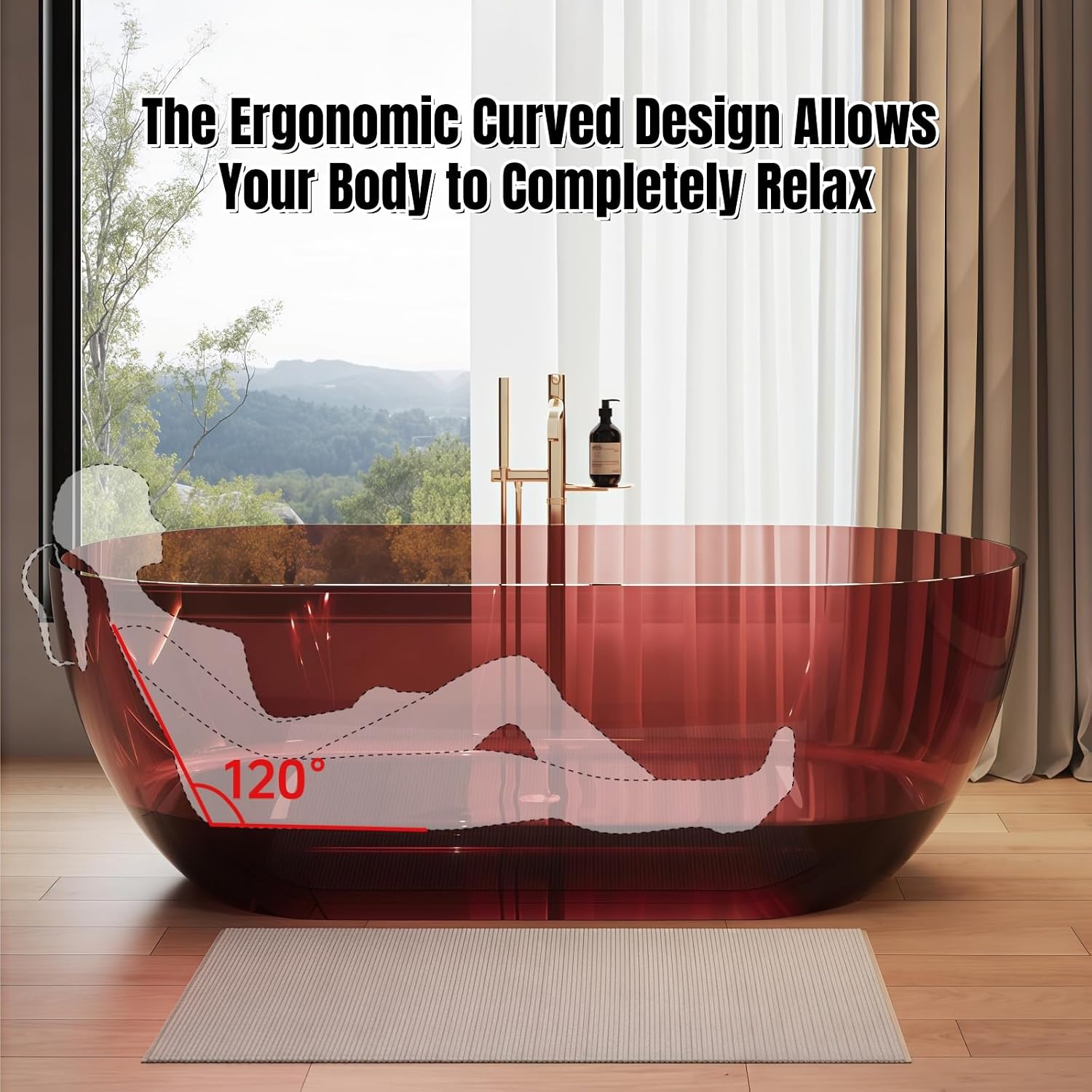 59' Edeyeu Freestanding Bathtub - Extra Deep Soaking Tub With Ergonomic Design, Luxury Solid Surface Bathtub For Home Spa Relaxation, Durable One-Piece Stand Alone Tub Red
