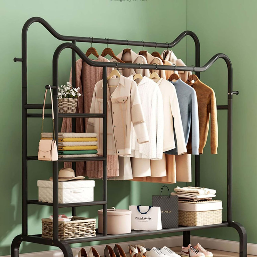 YSUEFIJO Heavy Duty Clothes Rack for Hanging Clothes, Double Rod Clothing Garment Rack, Portable Clothing Rack Metal, Free Standing Wardrobe Rack, Multi-Functional Bedroom Clothes Rack