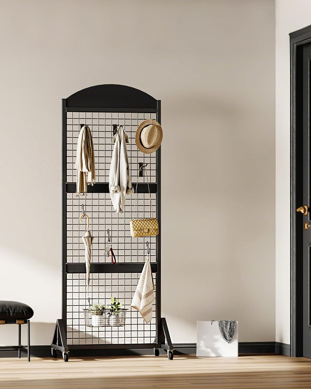 CHOEZON 2 Packs Grid Wall Panel 5.7' x 2' FT Grid Display Rack with Wheels, Movable Gridwall Display Stand with 8 S-Shaped Hooks and 8 Garment Hooks, Floorstanding Wire Grid Rack, Black TCJ17P2BB