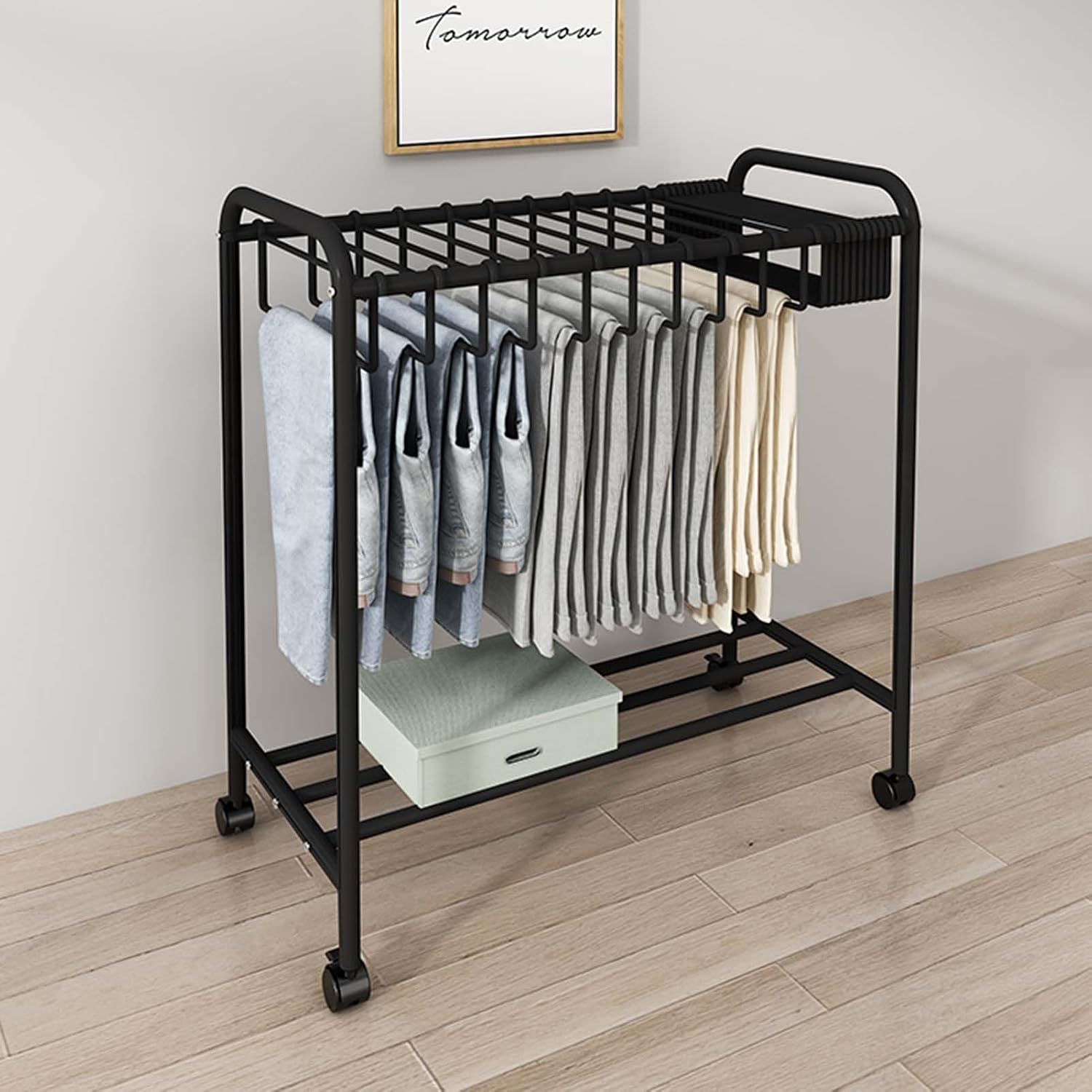 Display Stand Freestanding Pants Hangers Rolling Trolley Trousers Rack, Movable Multifunctional Jeans Hangers Closet Organizer Shelf Metal Garment Rack (Black