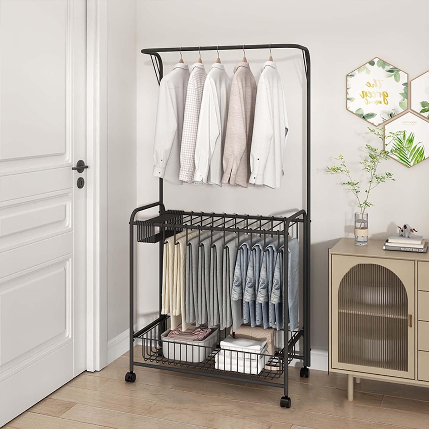 Display Stand Freestanding Pants Hangers Rolling Trolley Trousers Rack, Movable Multifunctional Jeans Hangers Closet Organizer Shelf Metal Garment Rack (Black + Hanger