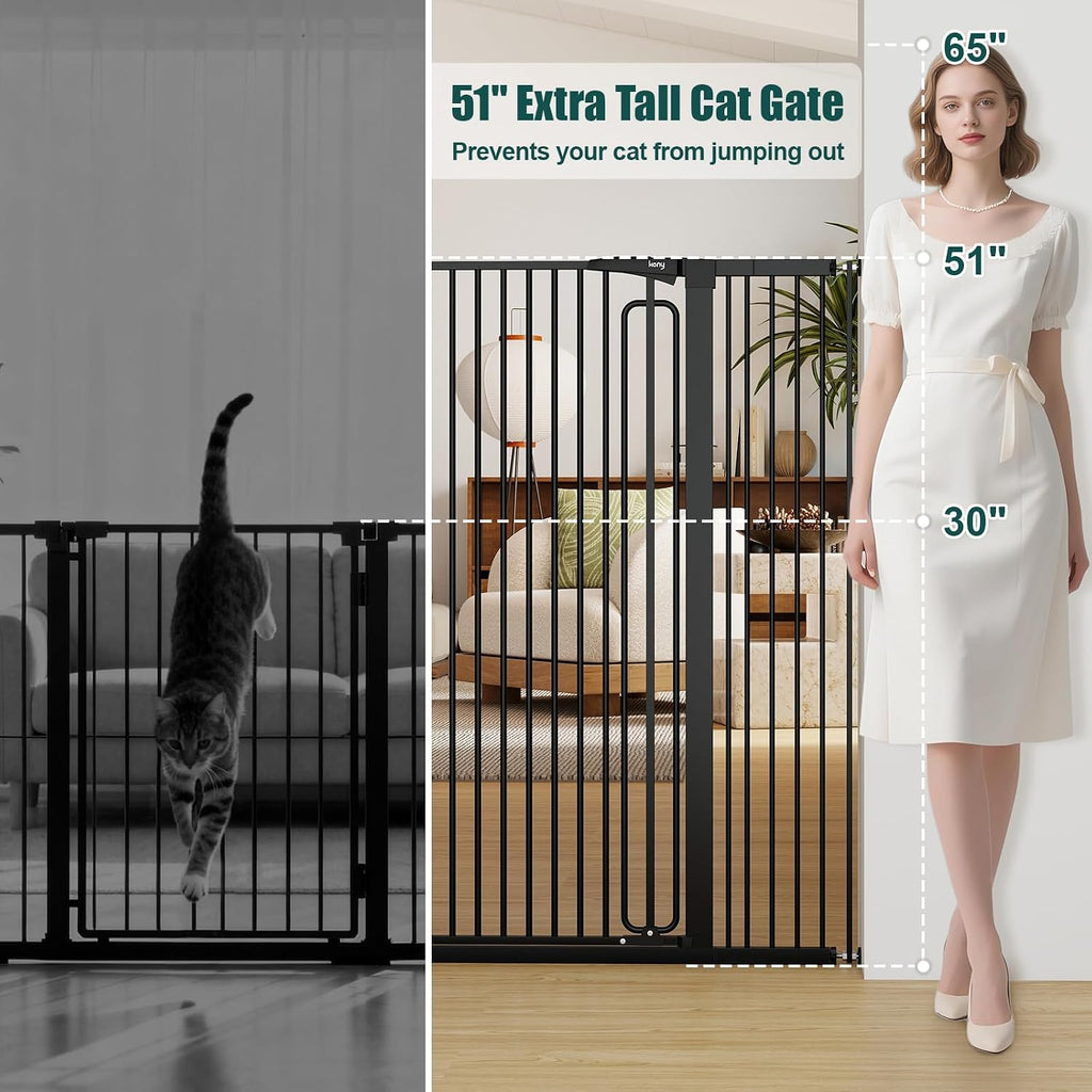 keny 51' Extra Tall Pet Gate, 29.7'-46' Wide Adjustable Cat Gate for Doorway, Hallway, Stairs, Auto-Close & Pressure Mounted, No Drilling, Black