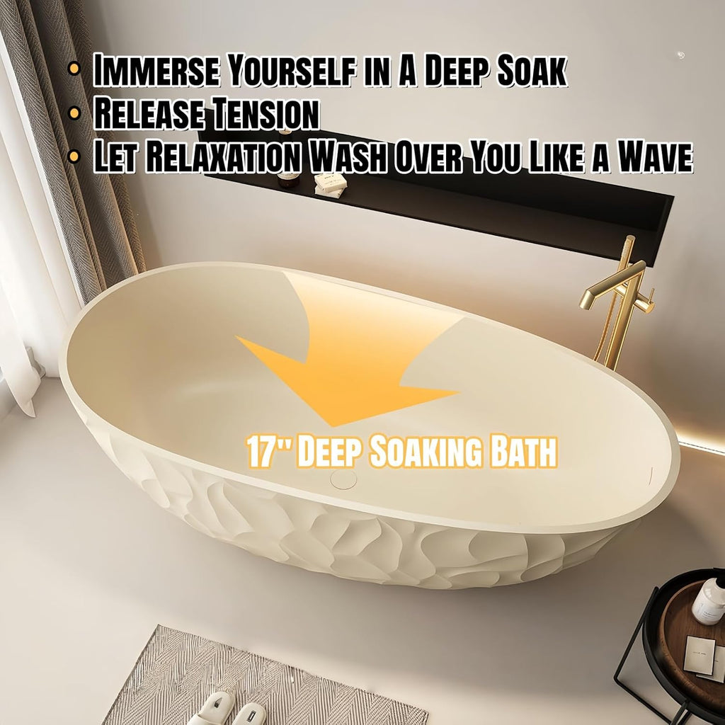 63' Edeyeu Luxury Freestanding Bathtub – Modern Solid Surface Bathtub With Ripple Design, Extra Deep Soaking Tub, Ergonomic Stand Alone Tub For Contemporary Luxury Bathrooms E