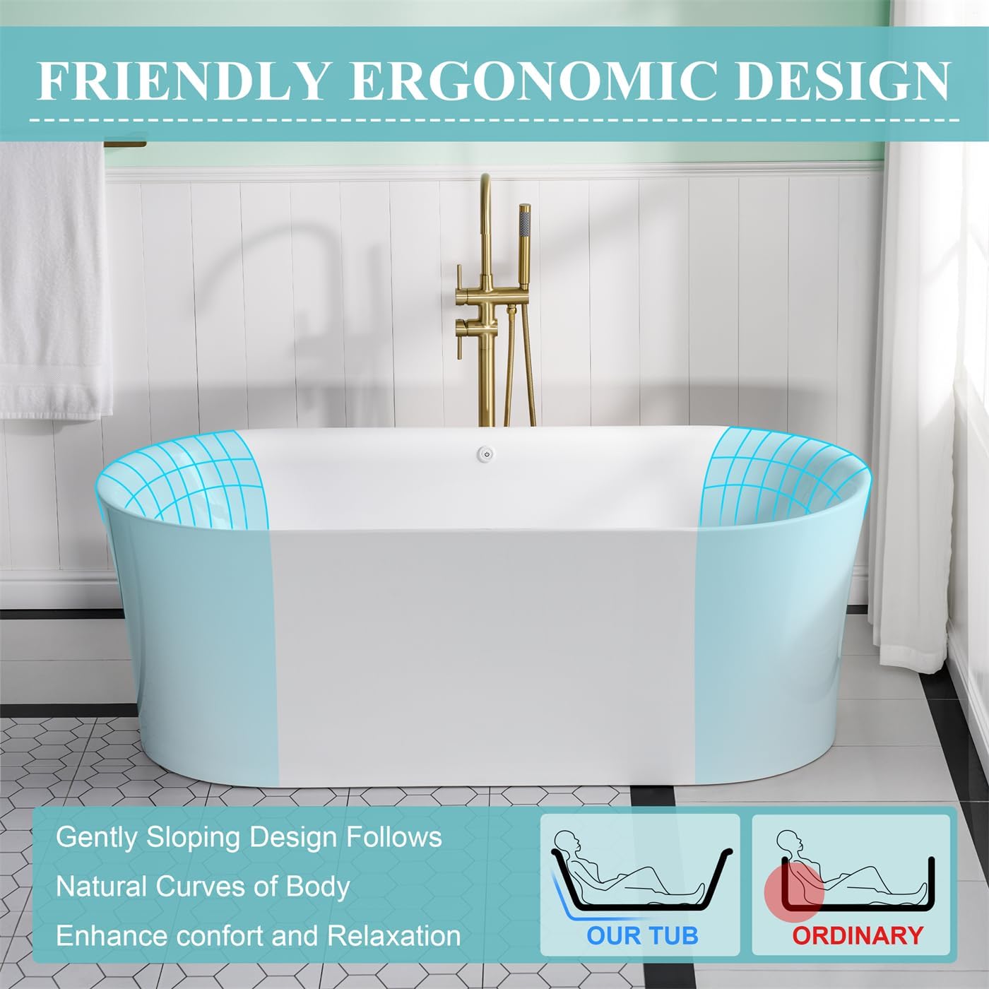 WELLFOR 67' Freestanding Acrylic Bathtubs, Air Bubble Freestanding Soaking Tub, 87 Gallons, Massage bathtub with Romantic LED Lighting/Chrome Bathtub Drain and Groove Overflow, Glossy Whtie