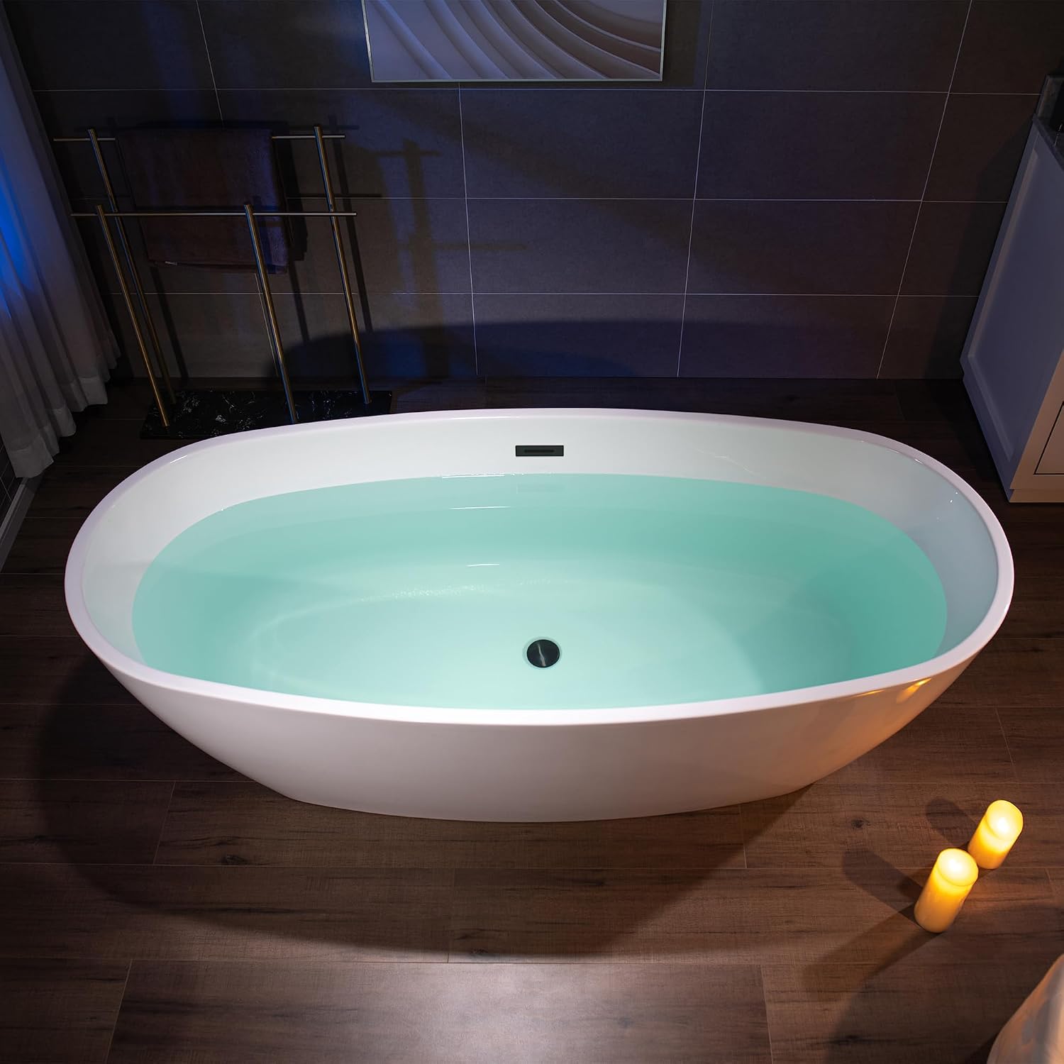 WOODBRIDGE 71' Acrylic Freestanding Bathtub Contemporary Soaking Tub, White Acrylic,Matte Black Drain/Overflow