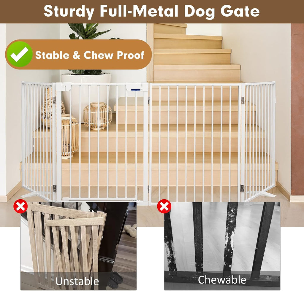 Metal Freestanding Dog Gates with Door,Extra Wide 24', 32' Height Foldable Dog Fence for Indoor & Outdoor, Heavy Duty Freestanding Pet Barrier for Stairs, Doorways, Halls, Kitchen,Yard,Christmas Tree