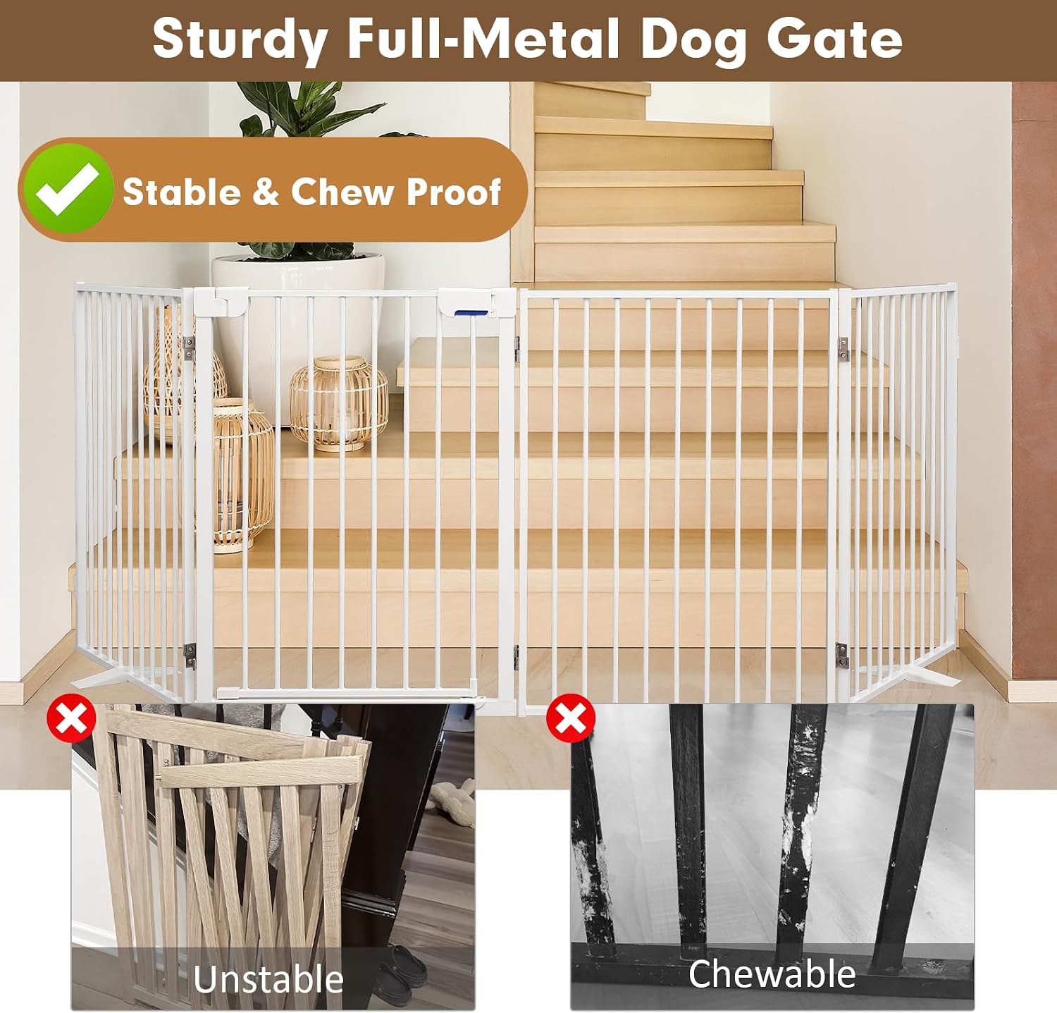 Metal Freestanding Dog Gates with Door,Extra Wide 24', 32' Height Foldable Dog Fence for Indoor & Outdoor, Heavy Duty Freestanding Pet Barrier for Stairs, Doorways, Halls, Kitchen,Yard,Christmas Tree