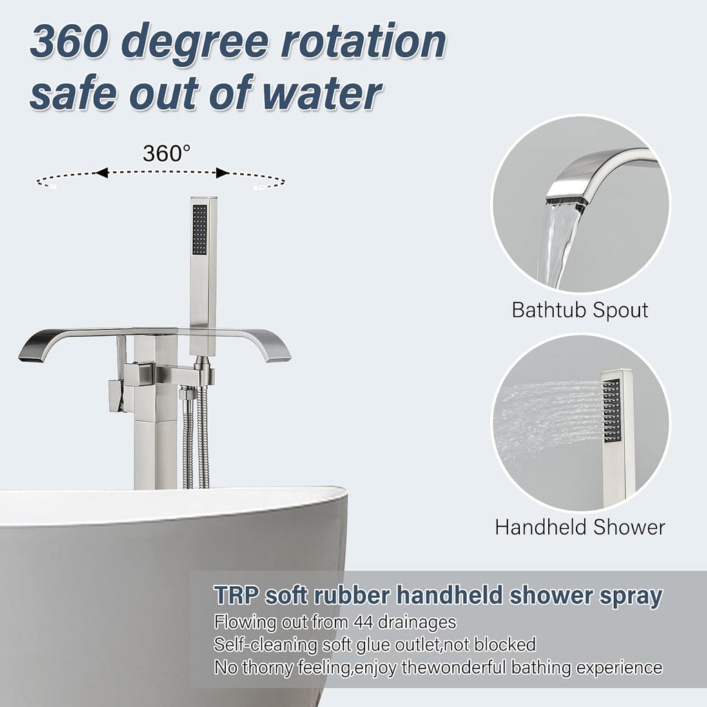 Freestanding Bathtub Faucet Brushed Nickel Tub Filler Floor Mount Single Handle Brass Tap with Handheld Shower and Swivel Mixer Spout