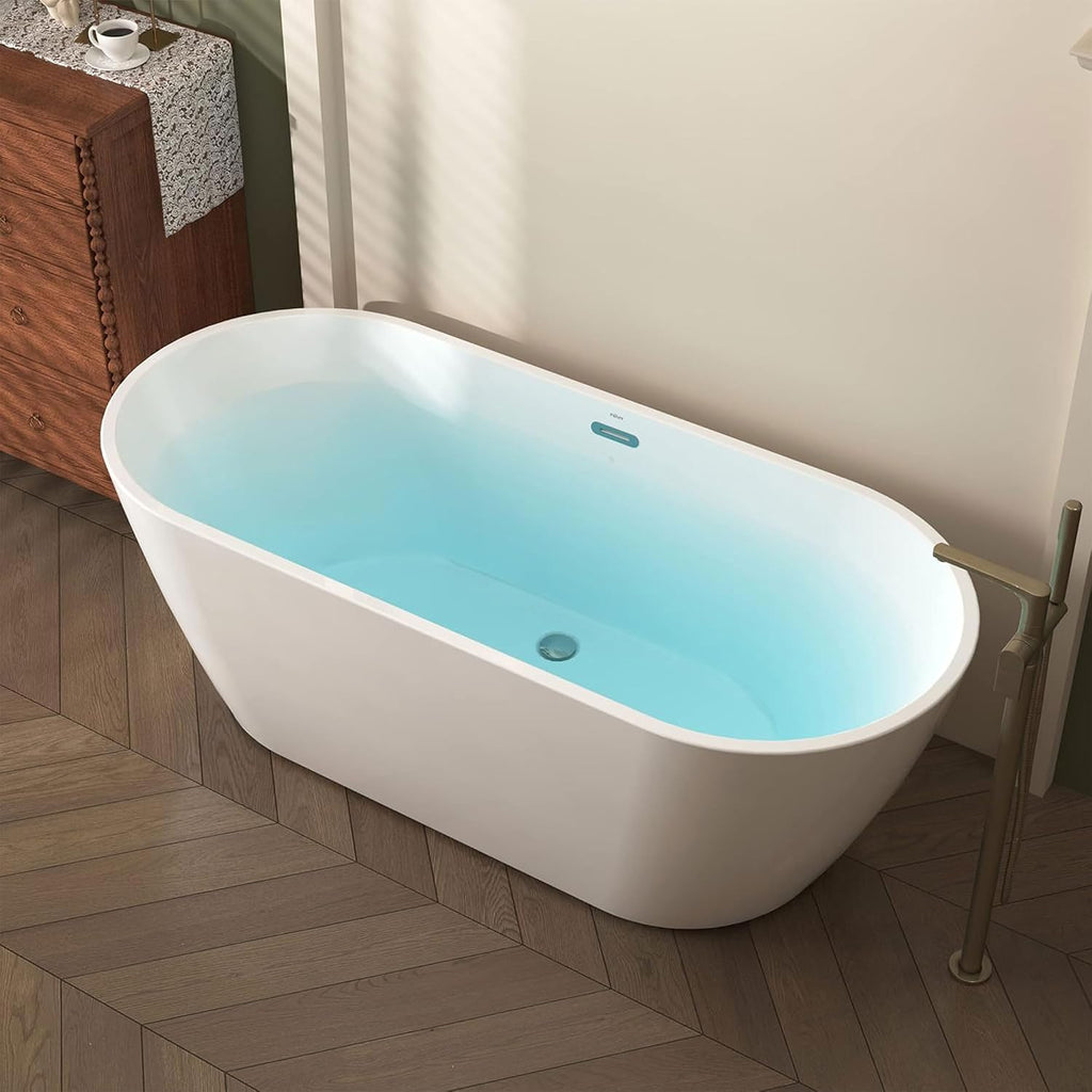 FerdY Bali 67' Acrylic Freestanding Bathtub, Gracefully Shaped Freestanding Soaking Bathtub, Toe-Tap Chrome Drain and Classic Slotted Overflow Included, Glossy White, cUPC Certified,