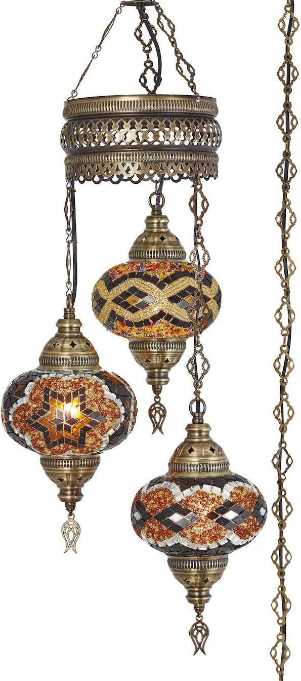 DEMMEX Plug-in Turkish Hanging Lamp, Handmade Moroccan Mosaic Chandelier Pendant Light Fixture with 15-ft Cord & Chain, Decorative Ceiling Lamp for Living Room, Bedroom, 3 Large 7'' Globes, 3.5 ft.