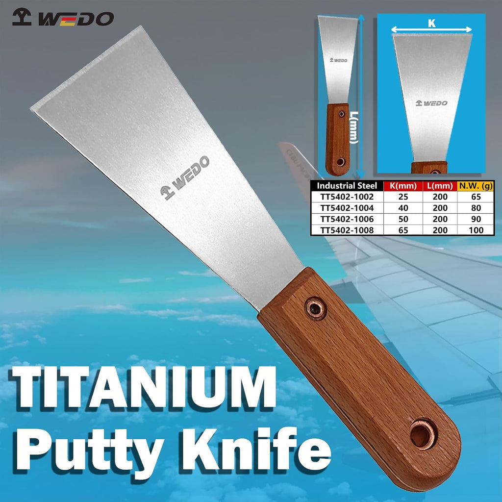 WEDO Titanium Putty Knife 3'(65mm),Paint Scraper,Drywall Knife,Wallpaper Scraper,Spackle Knife,Long Wood Handle,Length 8'(200mm),Non-Magnetic,Taping Knife Tool,Repairing Drywall, removing Wallpaper
