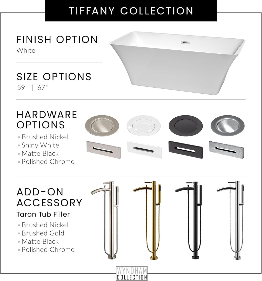 Wyndham Collection Tiffany 59 inch Freestanding Bathtub for Bathroom in White with Floor Mounted Faucet, Drain and Overflow Trim in Polished Chrome