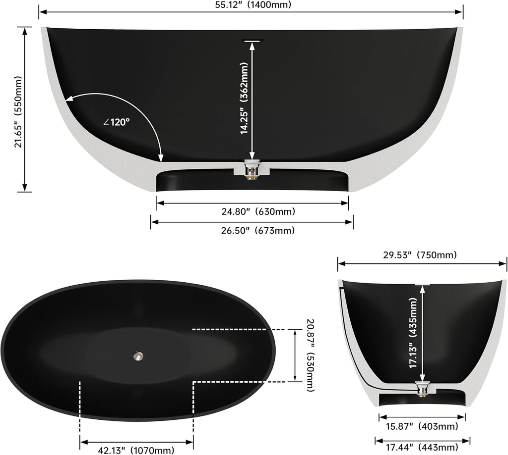 55' Premium Resin Stone Freestanding Bathtub, Matte Black Solid Surface Soaking Tub with Pop-up Drain and Overflow