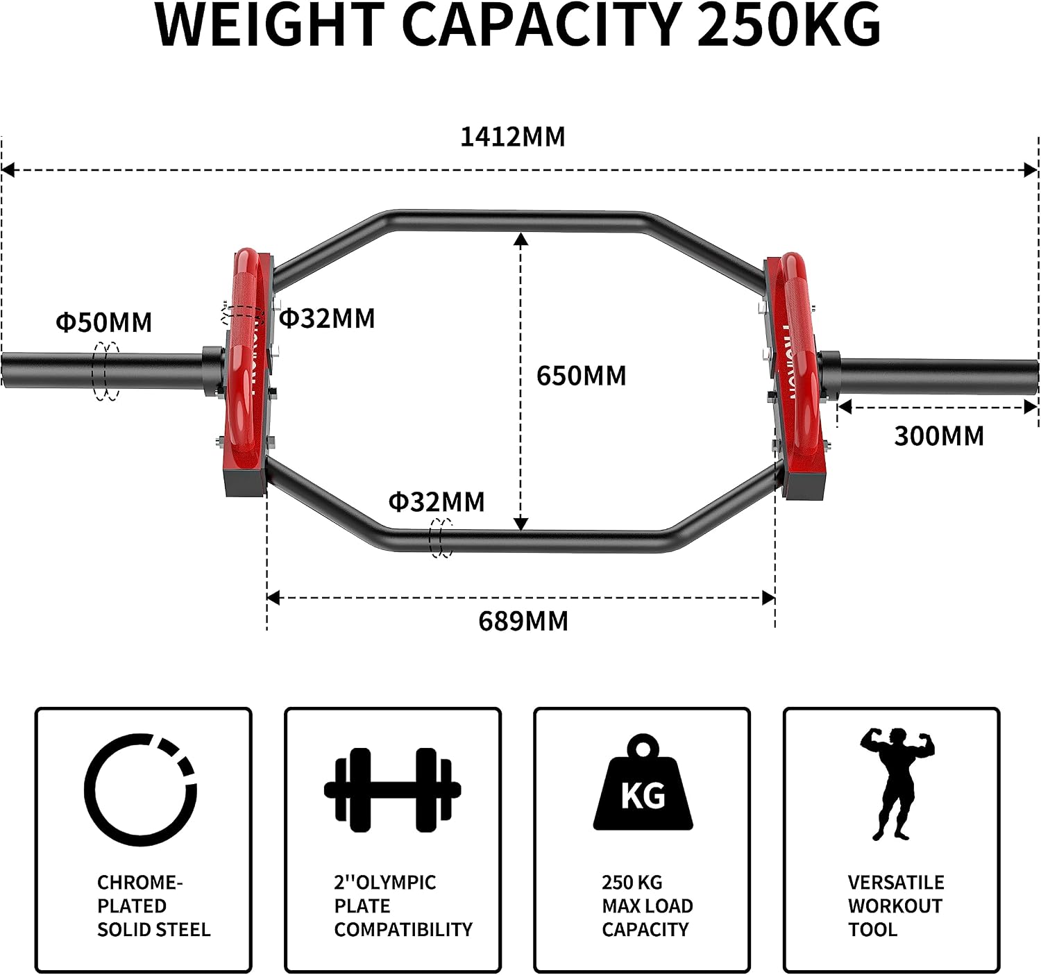 PROIRON Olympic Trap Bar 2', Hex Deadlift Squat Bar, 56' Weight lifting Shrug Bars Barbell Knurled Handles for Shoulder Exercises, Farmers Walk, 250kg Capacity for Home Gym Workout
