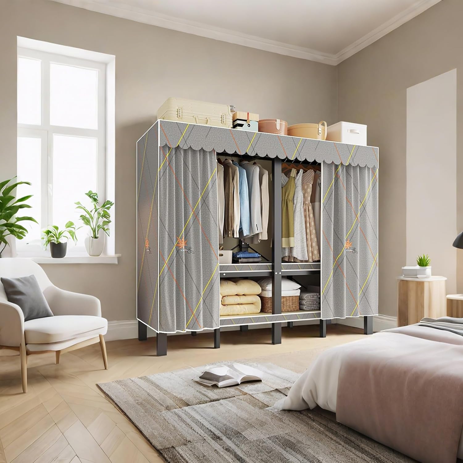 Large Portable Closets for Hanging Clothes, 70' Heavy Duty Clothes Rack with Cover Foldable Multi-Functional Wardrobe