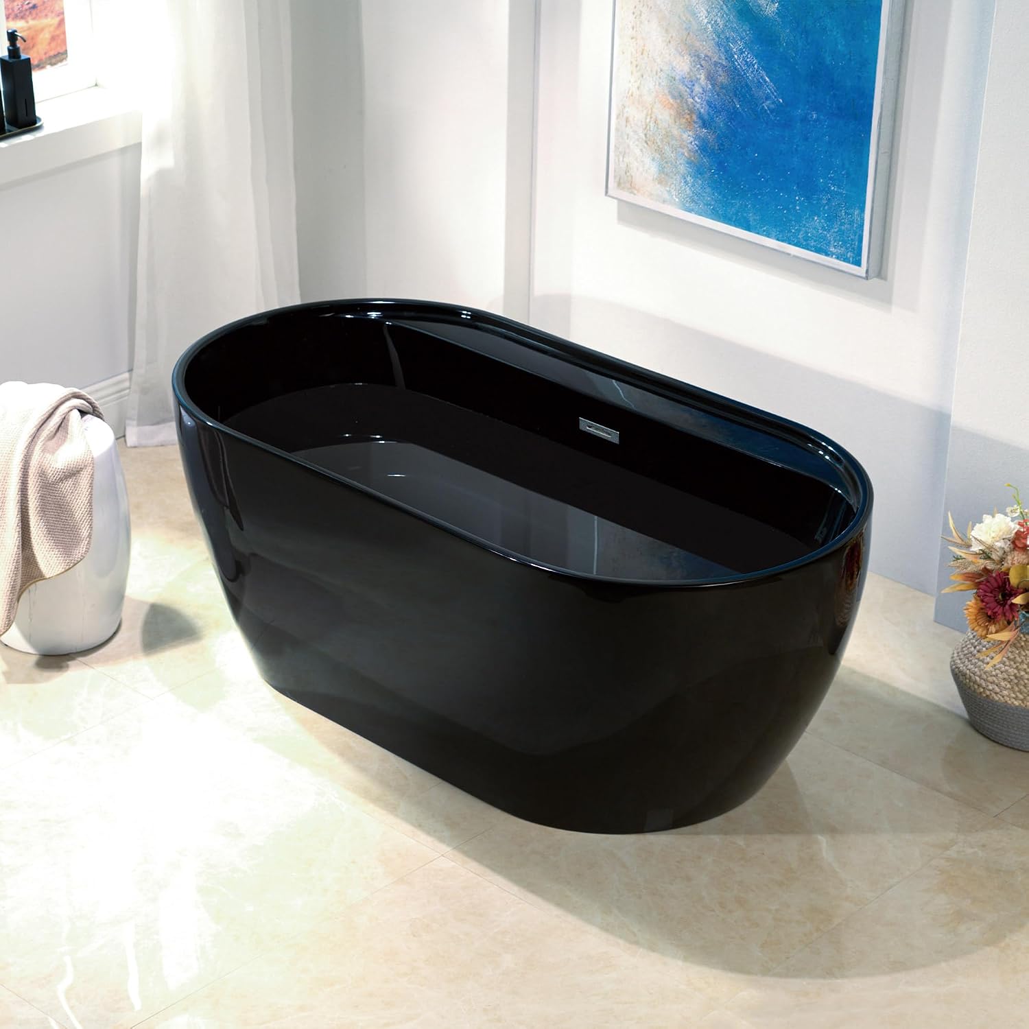 WOODBRIDGE 59' L x 31-1/2' W Freestanding Contemporary Acrylic Soaking Bathtub in Glossy Black Inside and Outside with Chrome Drain & Overflow,B8864-C