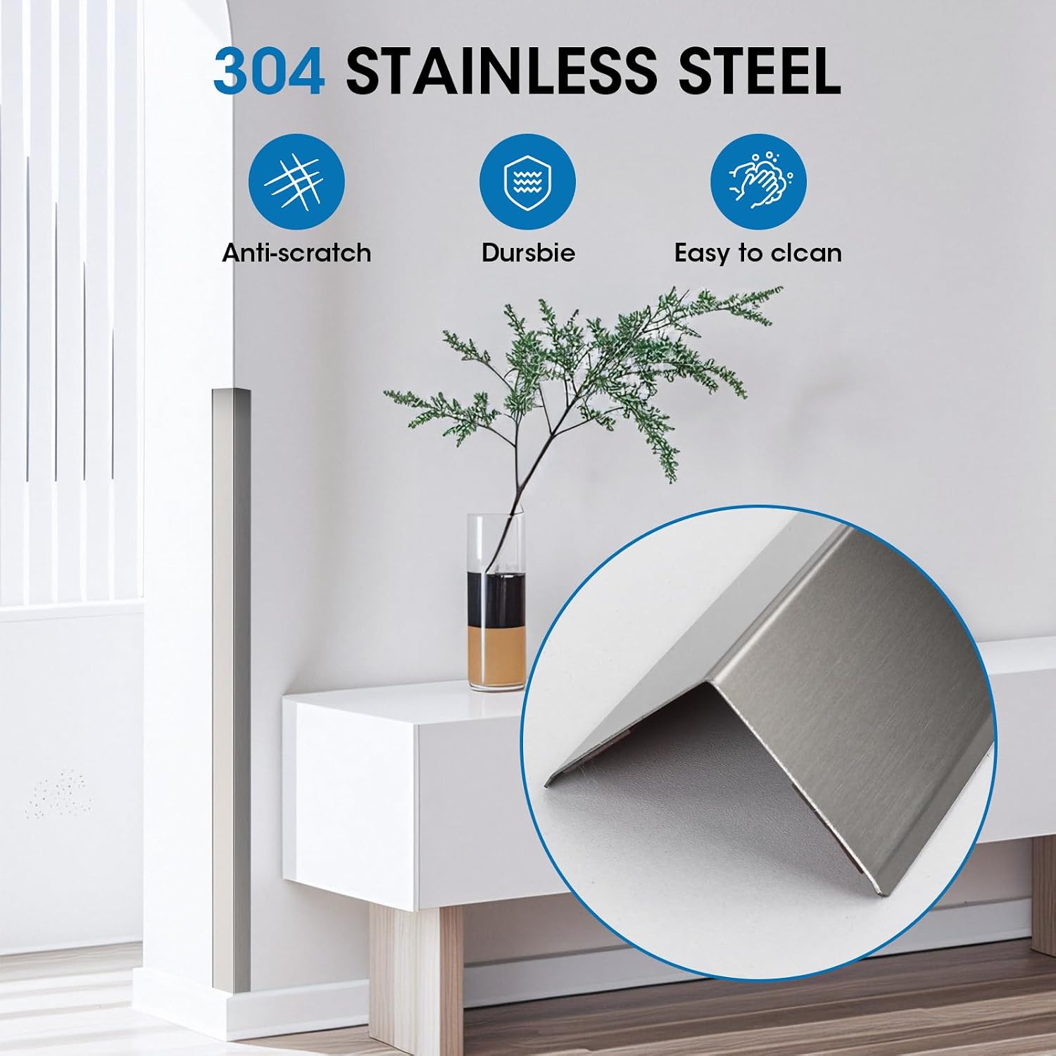 Stainless Steel Wall Corner Guards, 2 x 2 x 96 inches (Silver 10 Pcs). Made of 304 Steel, These 90-Degree Angle Metal Corner Protectors are Designed for Wall Protection and Decoration（10Pcs 2*2*96 ）
