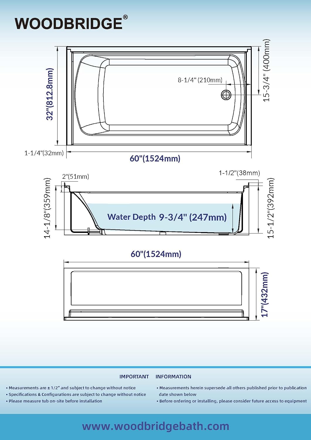 WOODBRIDGE 60' x 32' Alcove Soaking Bathtub in white with Right-Hand Drain Hole