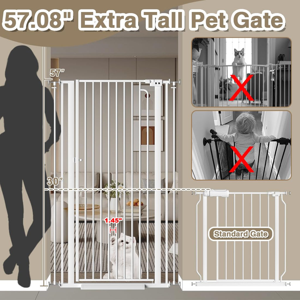 57' Extra Tall Cat Gate for Doorways, 29.5'-38.5' Tall Pet Gates for Cats Walk Through, Auto Close High Baby Gates with Door, Child Safety Gate Indoor Stairs, Cat Proof Gate for Dogs, White